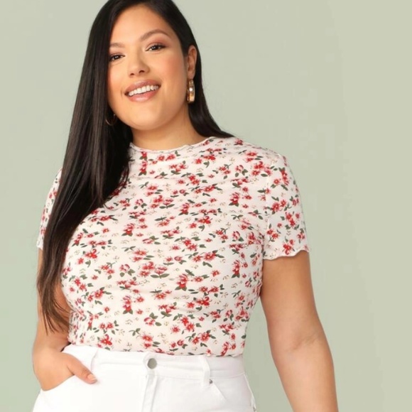 White Mock-Neck Lettuce Trim Floral Top - Picture 3 of 3